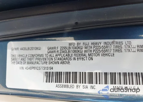 2007 Subaru Outback 2.5I z USA, uszkodzony, nr VIN 4S4BP61C577315194